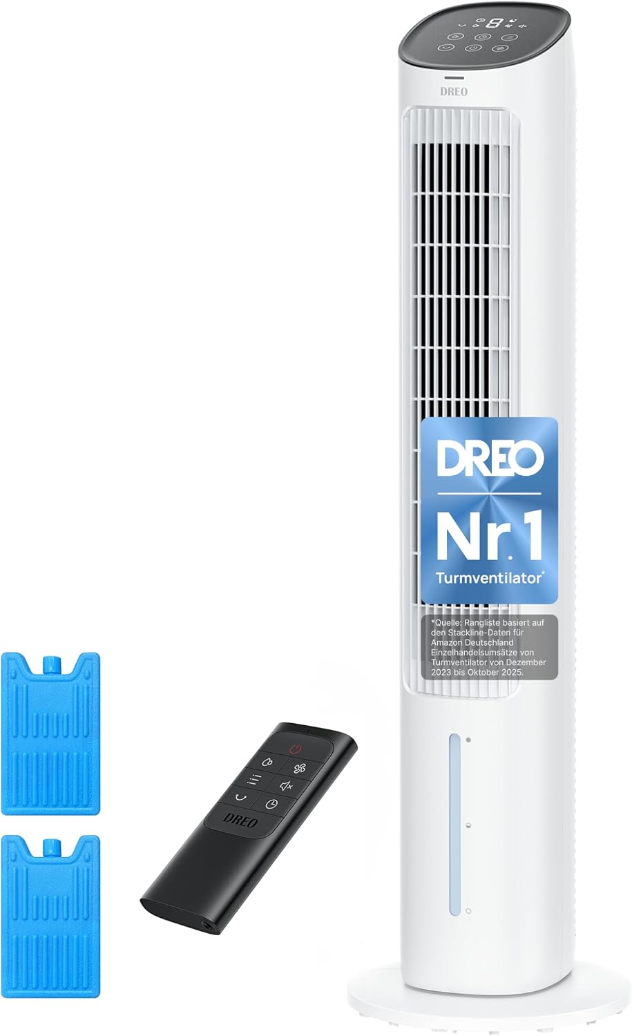 DREO Turmventilator mit Kühlung leise, Ventilator mit Wasserkühlung, 102 cm Luftkühler, Verdunstungskühler mit 80° Schwenkfunktion, 3 Modi, 4