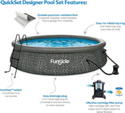 View 12 Foot by 36 Inch Quickset Round Inflatable Ring Top Outdoor Above Ground Swimming Pool Set with Pump and Cartridge Filter, Dark Herringbone image 3