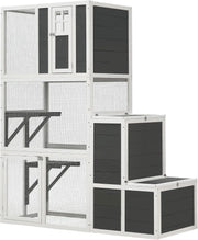 View 62.6-inch wooden outdoor cat house, large cat cage room, equipped with 7 platforms, 2 rest boxes and a rainproof roof, suitable for multiple pets to use. Step-in cat apartment shelter, white model image 4