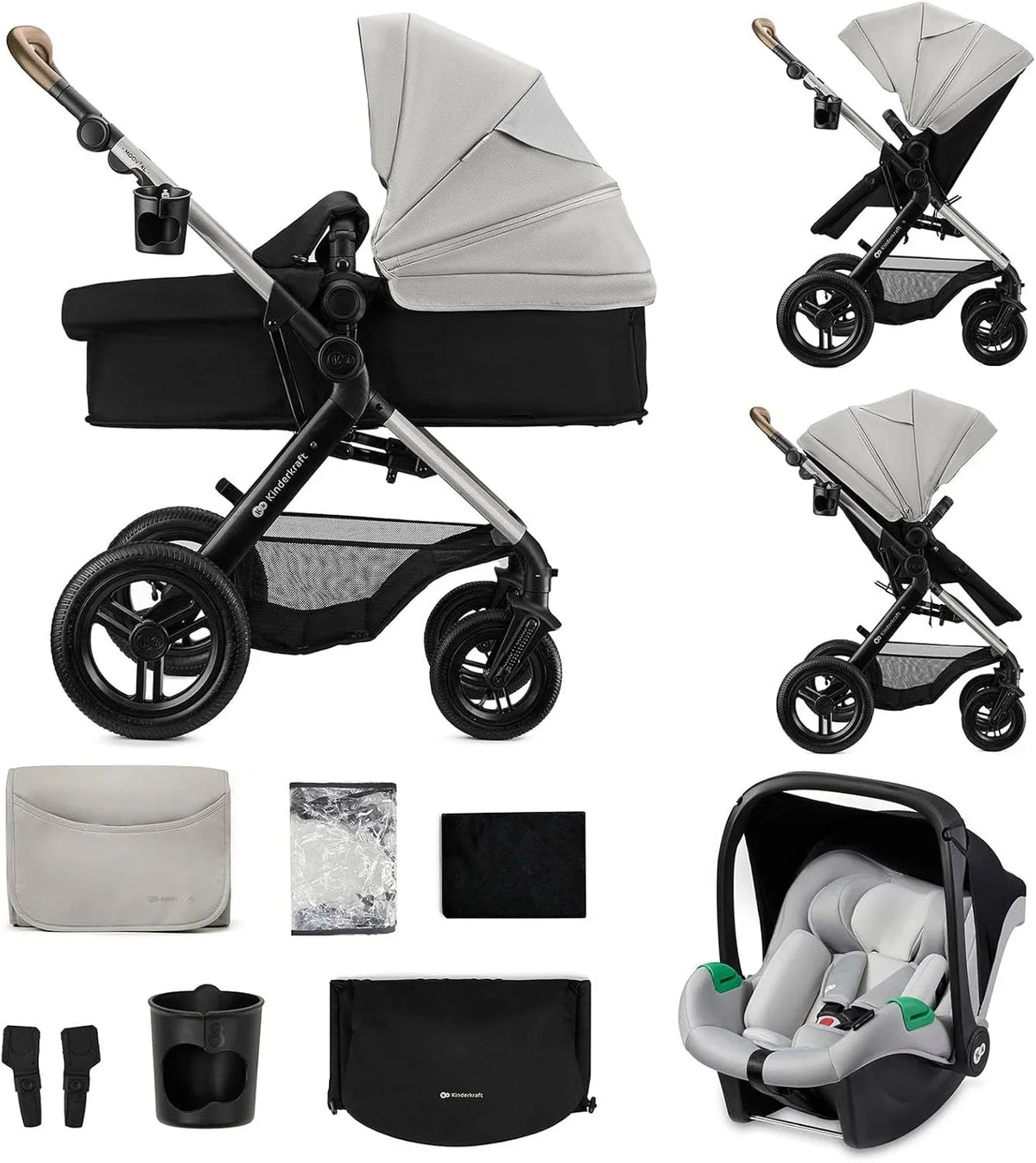Kinderkraft MOOV XL 3 en 1, Carrito bebé hasta 27 kg, Carro, Con Asiento I-SIZE 40-75 cm, Plegable, Amortiguación, Convertible, Capazo XL, Con