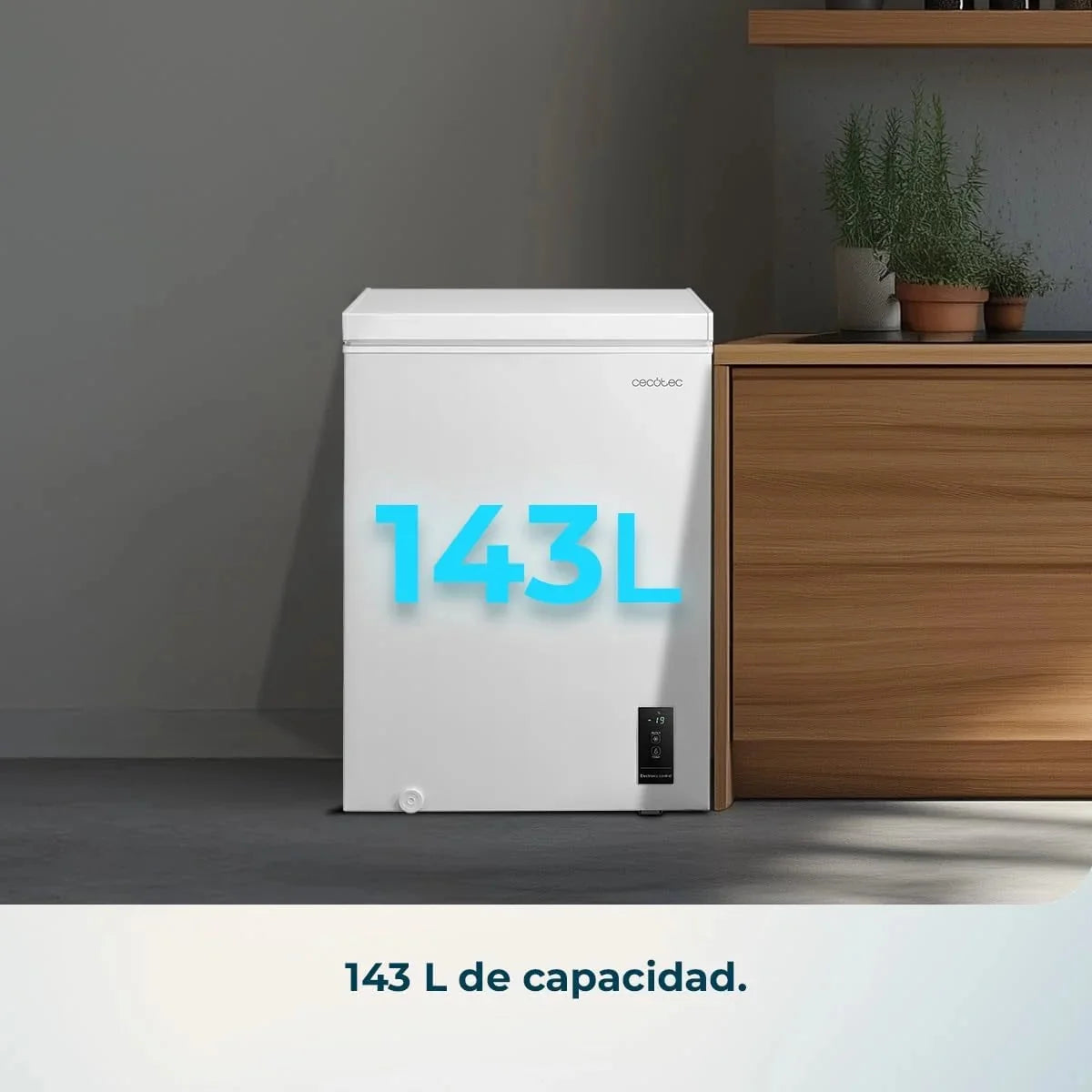 Cecotec Congelador Horizontal 143L Bolero CoolMarket Chest 143P White E. Cesta con Asas, Control Electrónico LED, UltraContact D-Cool, Dual Function,