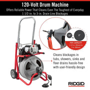 View 120V Drum Drain Cleaning Snake Auger with 3/8-In. x 75-Ft. Cable, 4-Piece Tool Set and Gloves image 3