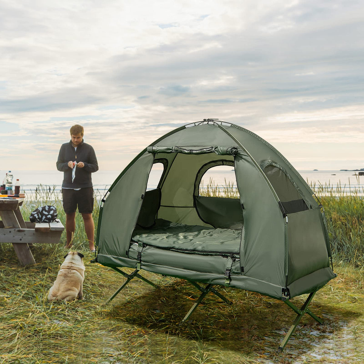 5-in-1 Folding Camping Cot – Tent with Air Mattress, Pillow & Sleeping Bag