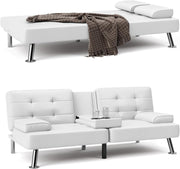View Futon Sofa Bed Convertible Folding Futon Set Modern Recliner Lounge for Small Room & Living Room with 2 Cup Holders, Removable Armrests (Artificial Leather, Black) image 3