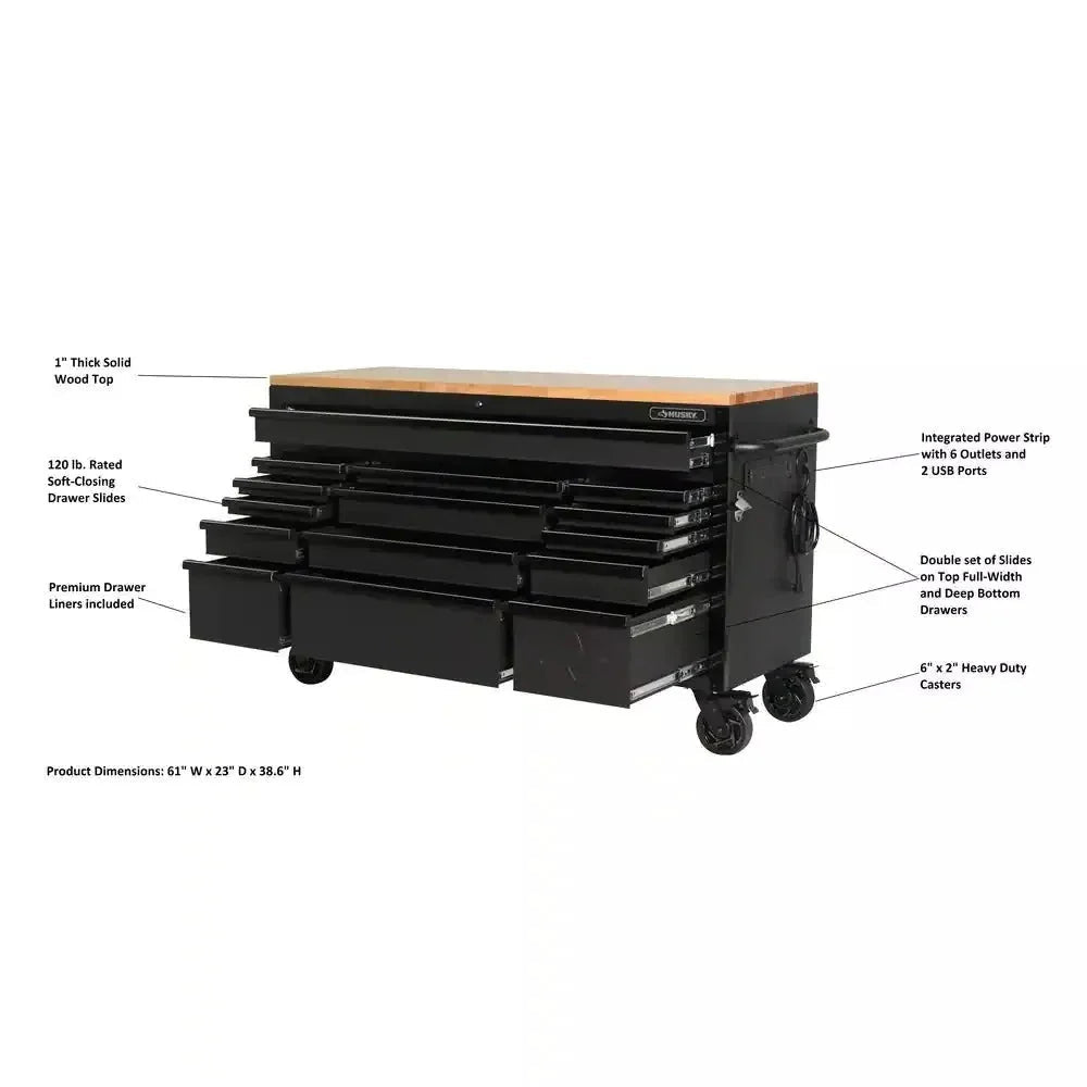 61-Inch W x 23-Inch D 15-Drawer Mobile Workbench with Solid Wood Top