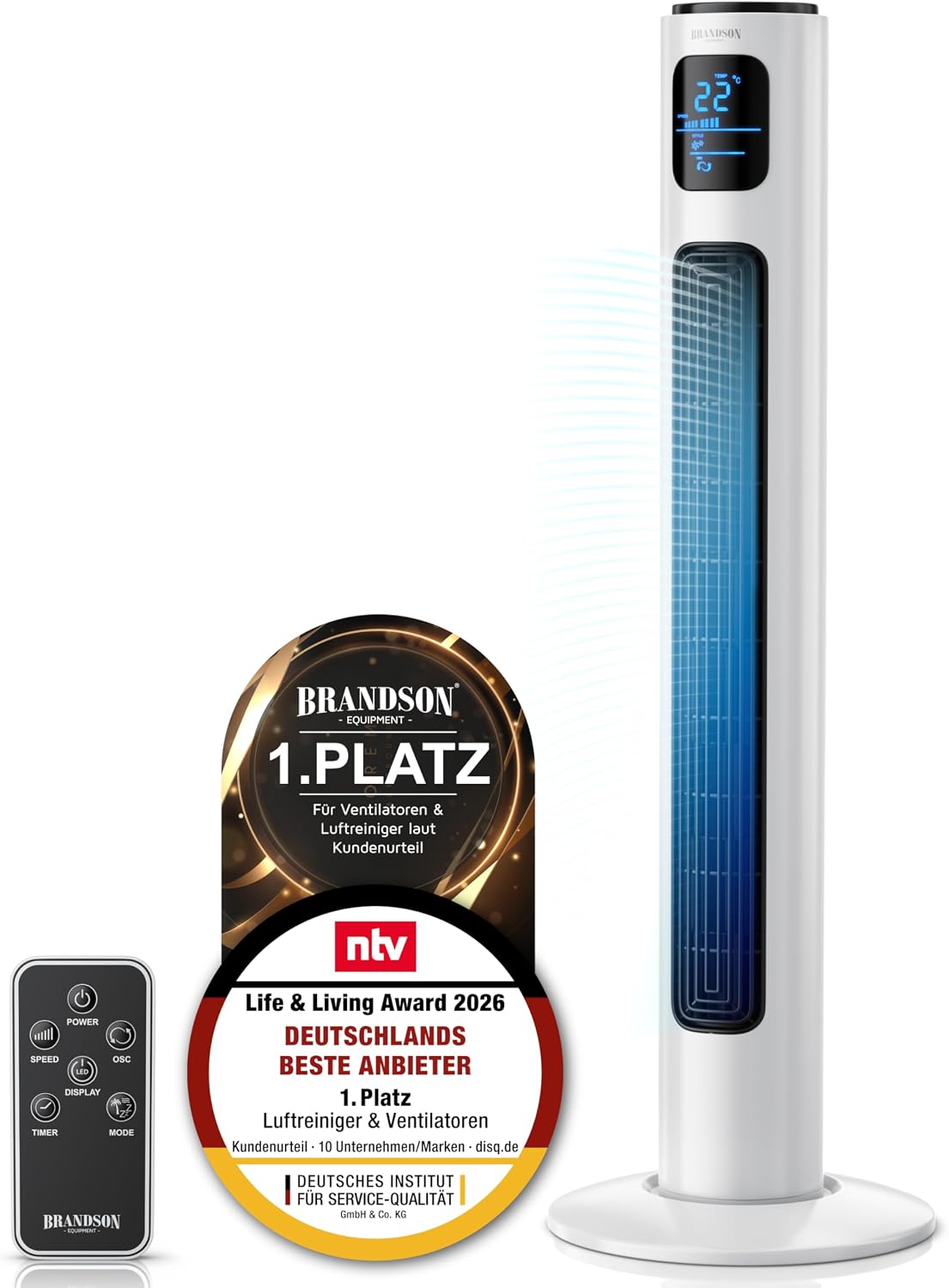 Brandson - Turmventilator mit Fernbedienung 96 cm - Preisträger 2026 - mobiler Lüfter leise - Standventilator mit Oszilation - 3 Geschwindigkeiten 3
