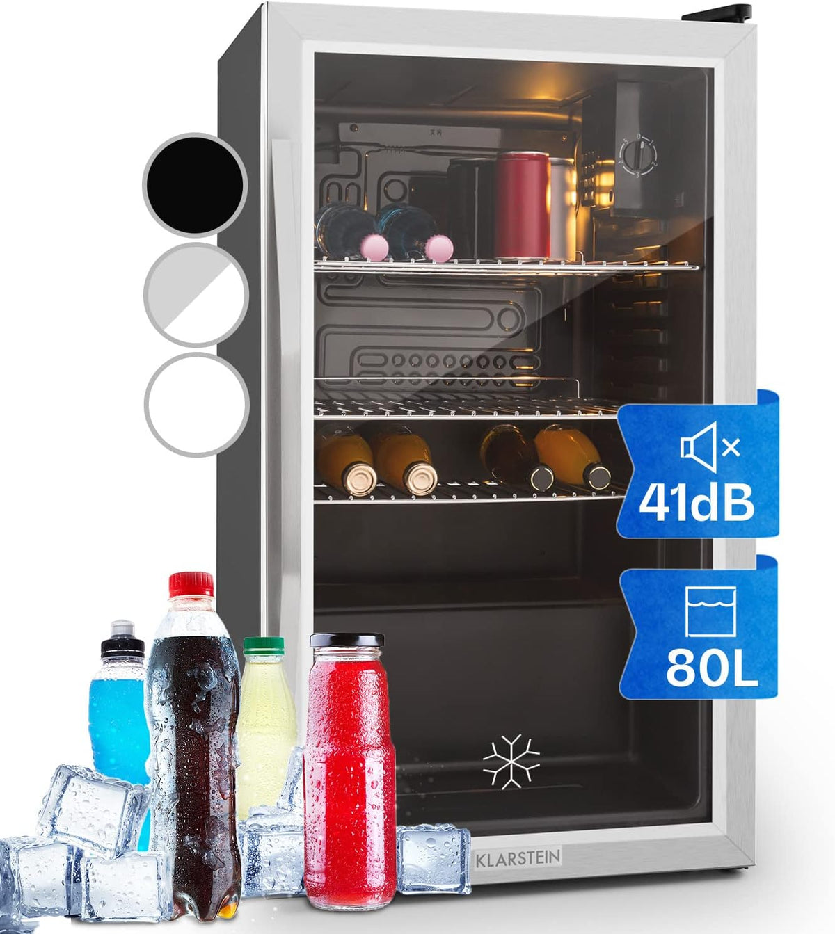 Klarstein Mini Kühlschrank mit Glastür, Mini, für Zimmer, Getränkekühlschrank Klein mit Verstellbaren Ablagen, 80 Liter, Indoor/Outdoor Kühlschrank