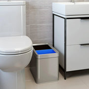 View 16-gallon contact-free trash and recycling bins, made of stainless steel, with a double compartment design (each compartment holds 8 gallons), suitable for recycling and waste disposal in the kitchen. image 4