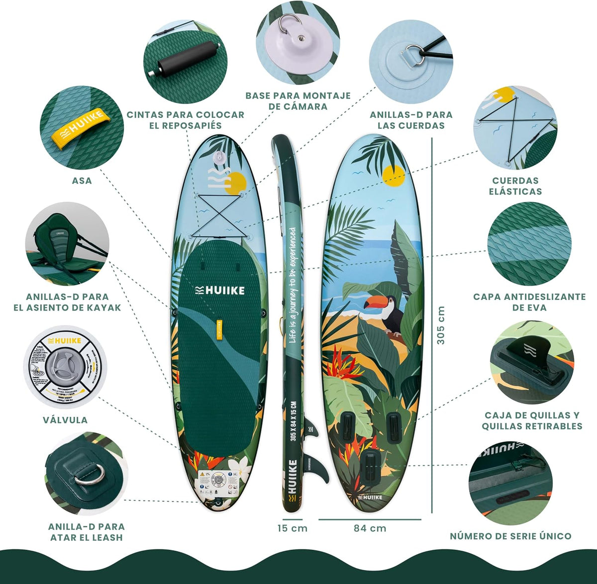 HUIIKE Tabla Paddle Surf Hinchable con Accesorios Incluidos, Remo, Quillas, Inflador. Stand Up Paddle Board Gran Estabilidad y Resistencia. 305 x 84 x
