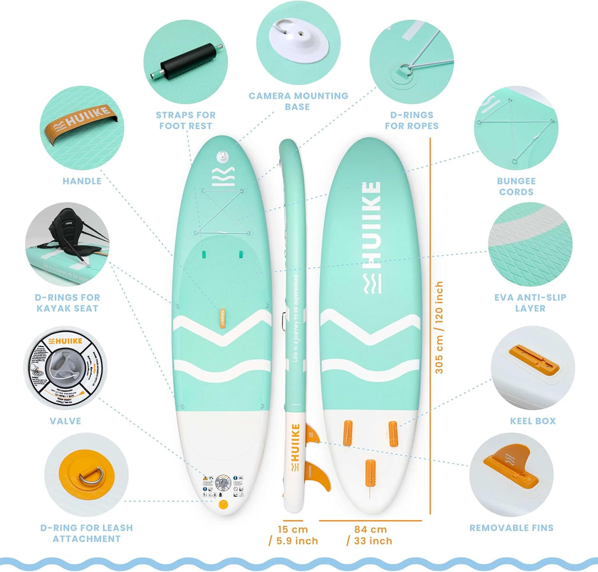 HUIIKE Inflatable Paddle Board for Adults with Accessories Included, Oar, Fins, Pump. Stand Up Paddleboard Great Stability and Resistance. 10’ x 33" x