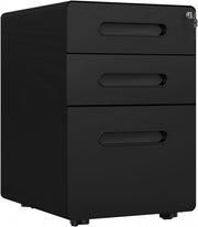 View 3 Drawer Vertical Filing Cabinet with Lock and Wheels, Under Desk Mobile File Cabinet for Legal, A4, Letter Size, Steel Frame for Home Office, Black image 1