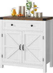 View Coffee Bar Cabinet, Kitchen Storage Cabinet, Modern Farmhouse Buffet Sideboard with Drawer and Adjustable Shelf, Barn Door Accent Cabinets for Kitchen, Dining Room, Entryway, White image 1