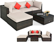 View 5 pieces of outdoor patio furniture, L-shaped rattan three-seater sofa with tempered glass coffee table, footstool, 3 single chairs, rattan outdoor party set, suitable for backyard, porch, balcony, black version image 2