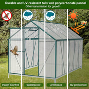 View 6'x10' Walk-in Greenhouse with 4mm 800G Polycarbonate Panels - Heavy-Duty Aluminum Frame, Wind/Snow Resistant for Gardening, Includes Sliding Door & Ventilation Windows (Green) image 4