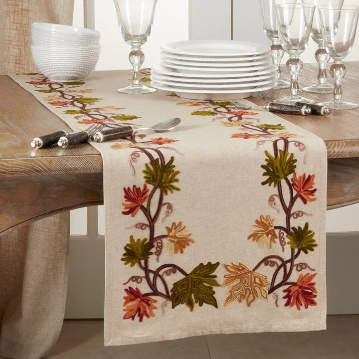 16x72 Inch Embroidered Fall Leaf Table Runner, Autumn Decorative Dining Table Runner for Home and Holiday Decor
