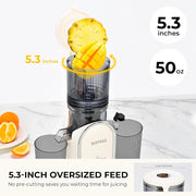 View Cold press juicer, 5.3-inch feed opening, slow-speed mixing type machine, power 300 watts, capable of extracting whole fruits and vegetables, easy to clean, high juice output, white appearance image 4