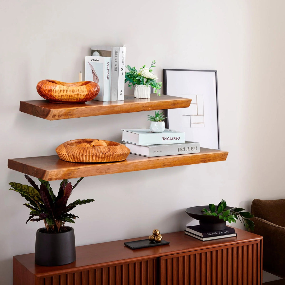 1 Piece Teak Wood Wall Shelf with Live Edge, Rustic Floating Shelf for Home Decor