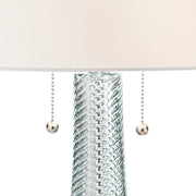 View Modern desk lamp, 28.5 inches high, 2 sets. Features a sky-blue textured glass lampshade and a white cylindrical lampshade with a vortex pattern. Suitable for living room, bedroom, bedside table, night light, office, and home use. image 3