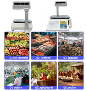 View Commercial digital scale, equipped with thermal printer, 4 window vertical double-sided LCD display, capable of printing labels, maximum load capacity of 66 pounds, 110 volts, portable, suitable for storage areas, restaurants, bakeries image 2
