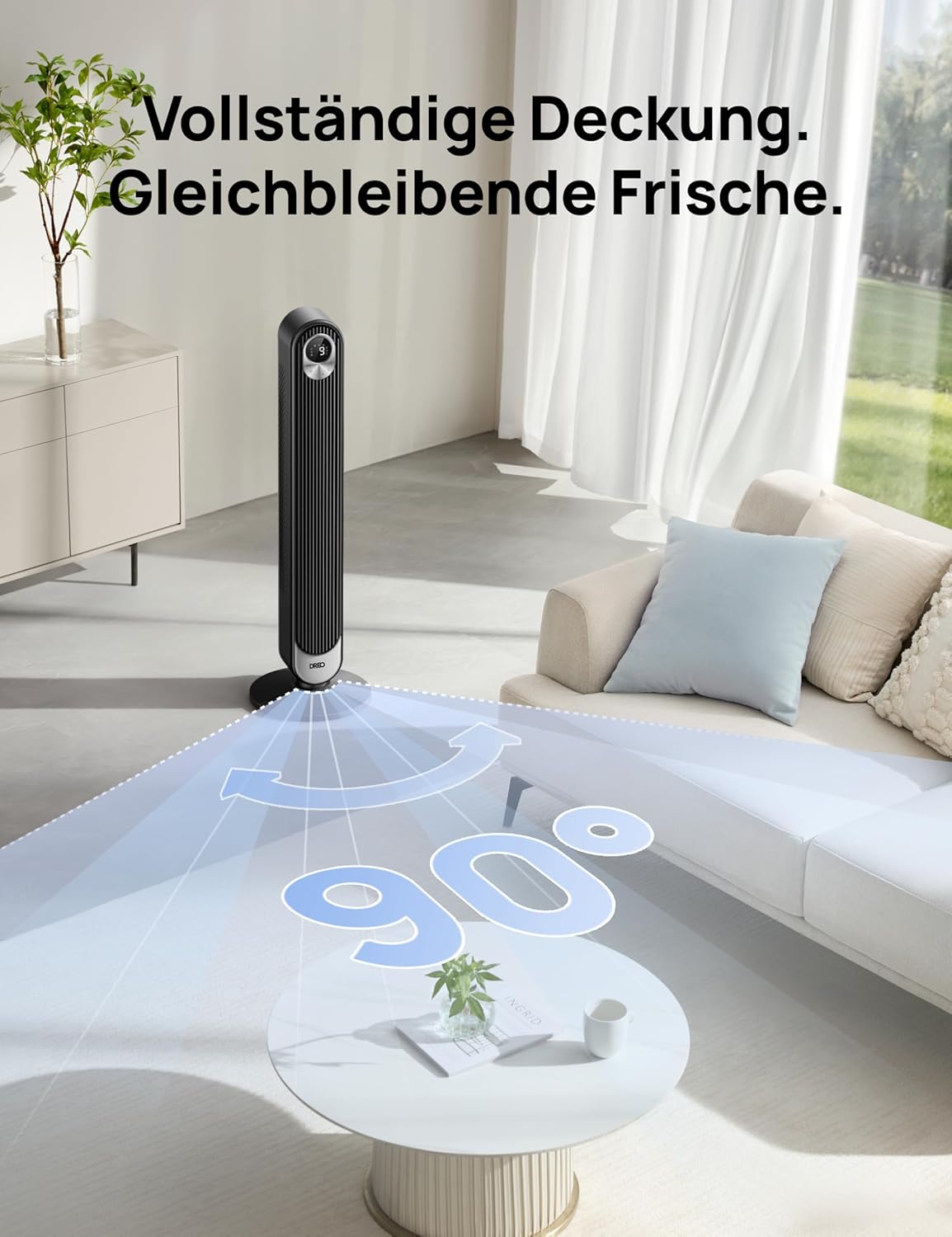 Dreo Smart 20dB DC Motor Turmventilator Leiser, 11M Windentfernung Ventilator mit Fernbedienung,9 Stufen 4 Modi, 90° Oszillierender Standventilator