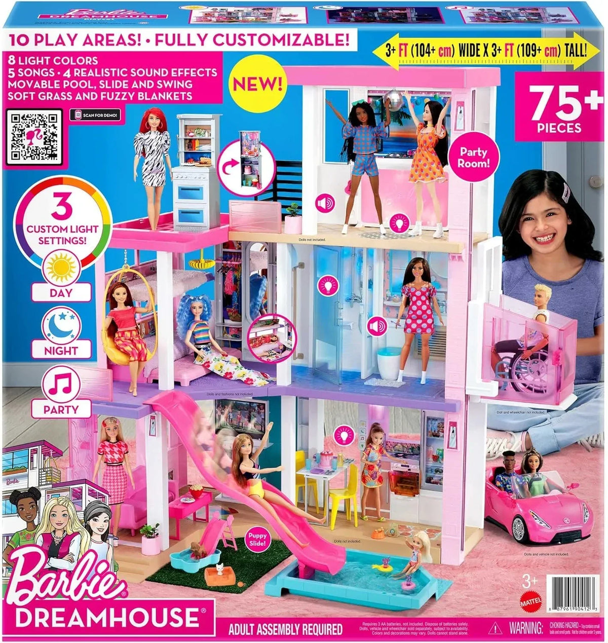 Barbie Casa de Muñecas Dreamhouse - con Piscina, Tobogán y Ascensor - Luces y Sonido - 75+ Piezas - 104 x 109 cm - Regalo para Niños de 3-7 Años,
