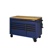 View Heavy-Duty 52 in. 9-Drawer Mobile Workbench with Adjustable-Height Solid Wood Top in Matte Blue image 1