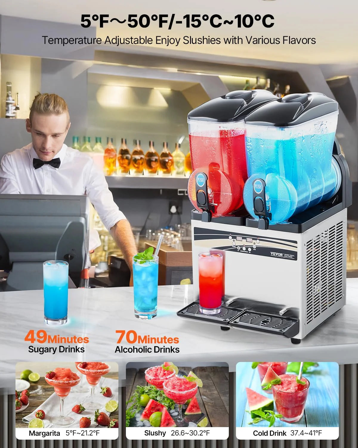 15L x 2 Double-Tank Commercial Slushy Machine, Stainless Steel, Frozen Drink Machine