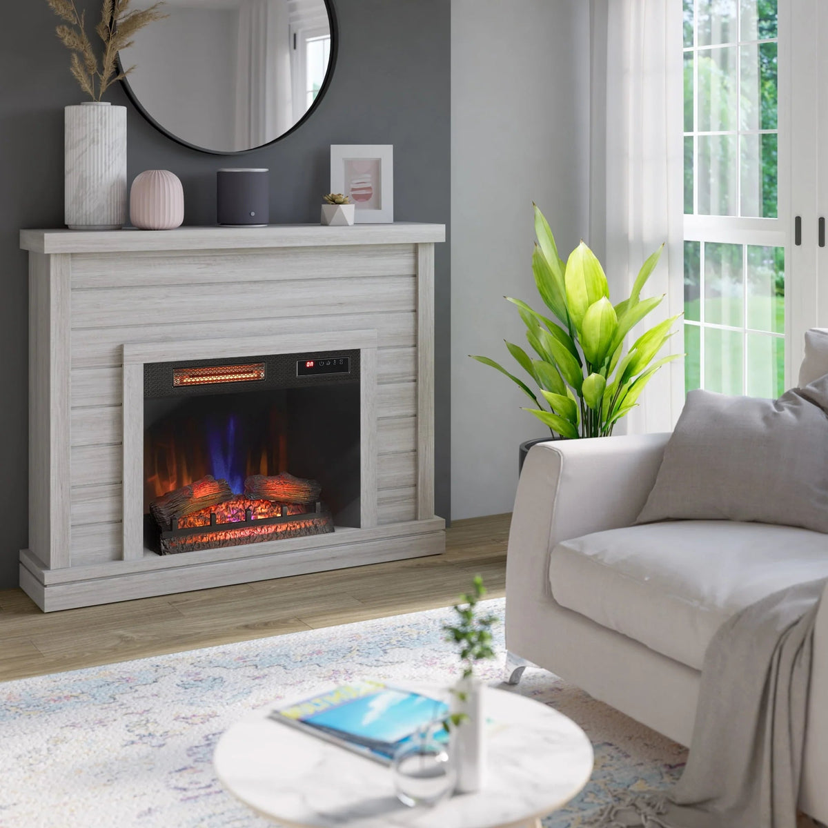 52" Shiplap Wall Fireplace Mantel, Modern Electric Fireplace with 3D Flame Effect Insert for Home Decor