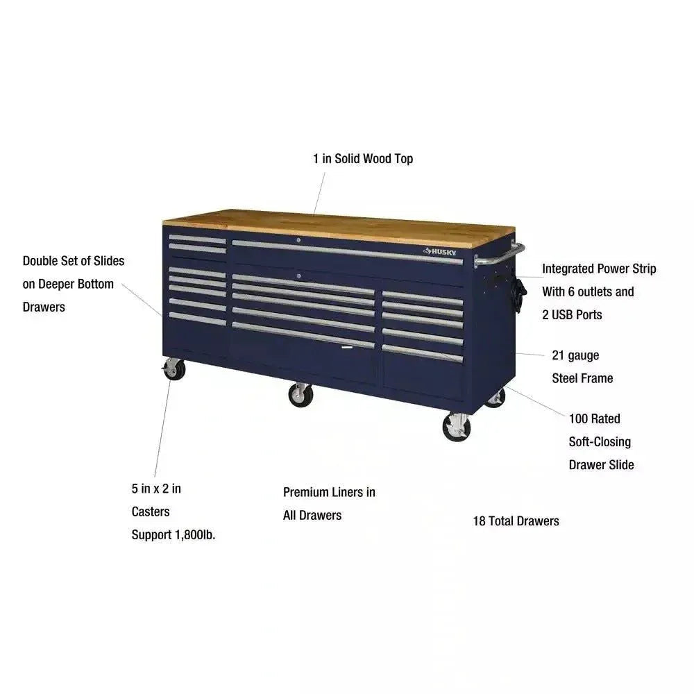 72-Inch 18-Drawer Mobile Workbench with Solid Wood Top, Gloss Blue