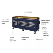 View 72-Inch 18-Drawer Mobile Workbench with Solid Wood Top, Gloss Blue image 6