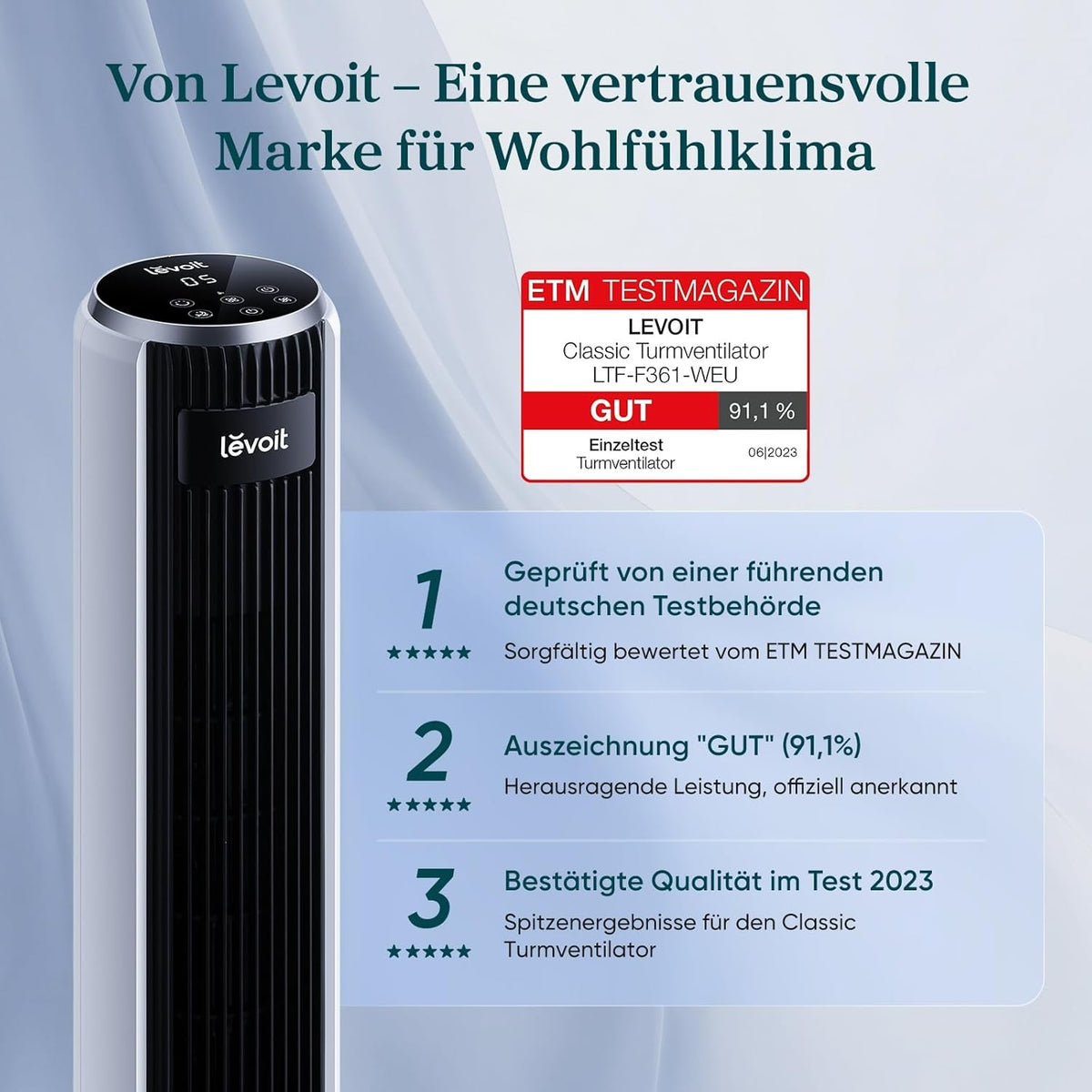 Levoit-Turmventilator mit Fortschrittlichem Schlafmodus-Ventilator leise 12Std Timer 4 Modi 5 Geschwindigkeiten-Automatikbetrieb mit Sensor-