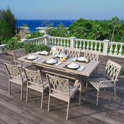 View Extendable Patio Dining Table for 6-8, 63''-83'' Outdoor Aluminum Table w/Umbrella Hole, Rectangle Slatted Tabletop, Metal X-Trestle for Meals Garden Deck Backyard Gathering Party - Light Brown image 2