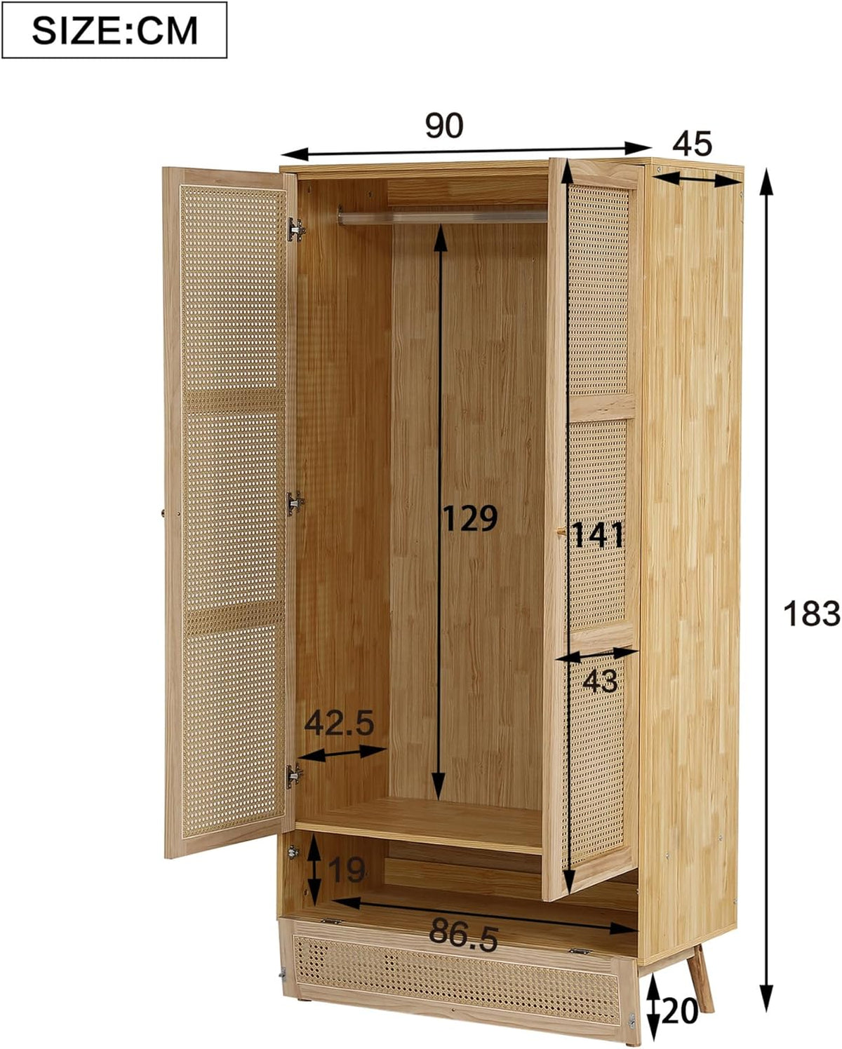 Soweiz Armario con barra, armario de 2 puertas, dormitorio, red de ratán, sala de estar, con tapa inferior abatible, tableros de partículas+ratán de