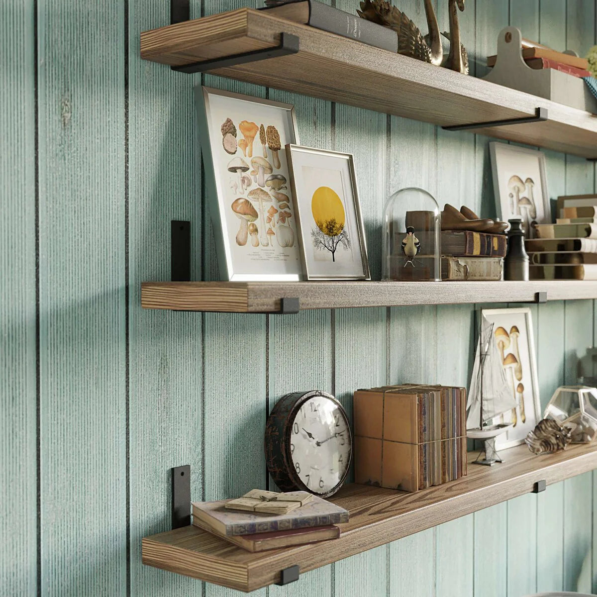 72 Inch Floating Wood Wall Shelves, Set of 3 Burnt Wood Display and Storage Shelves for Home Decor