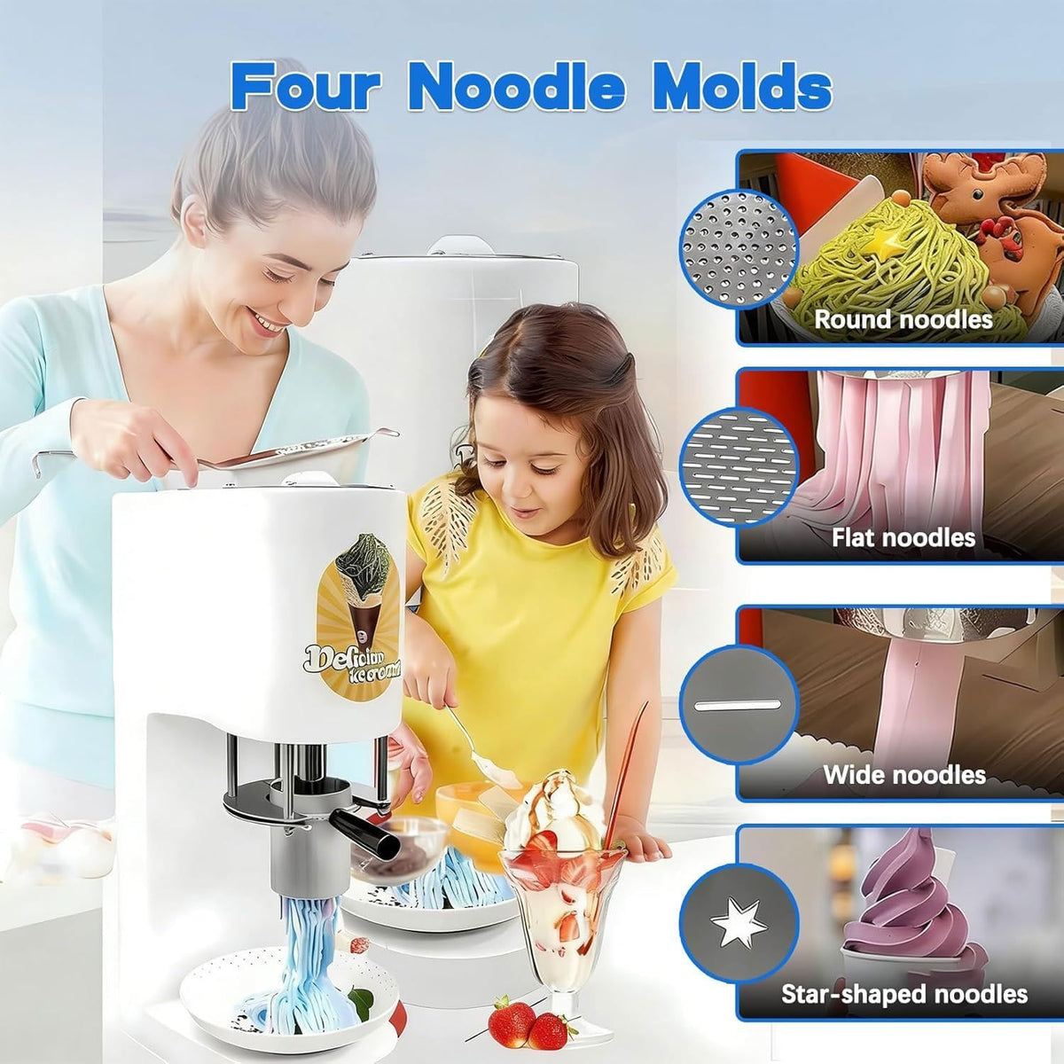 Kommerzielle Spaghetti-Eismaschine, 28–30 l/h, professionelle Gelato-Eis-Nudelmaschine mit 4 verschiedenen Nudelformen, for Catering und Soft-Serve-