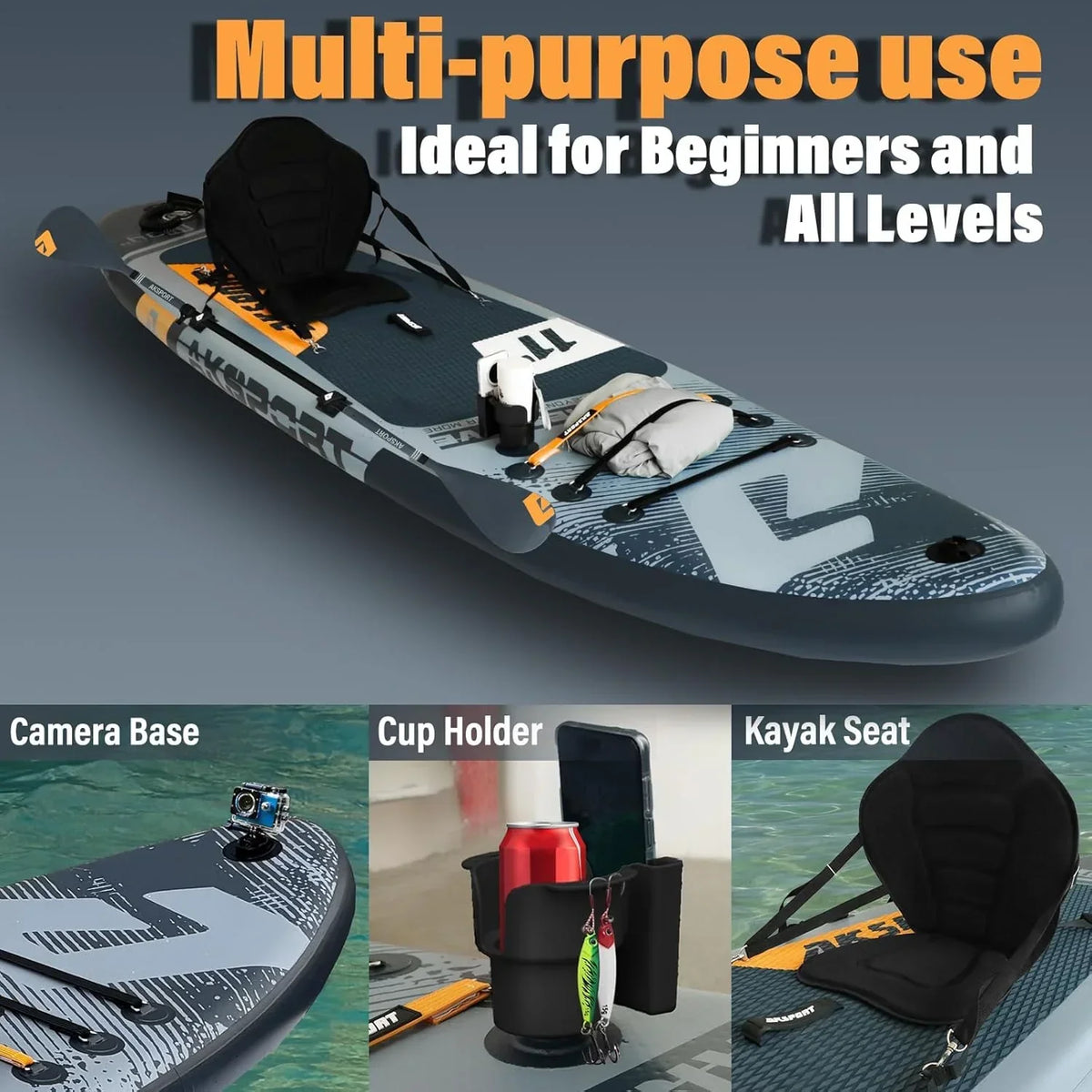 AKSPORT Tabla hinchable de surf de remo, tabla de surf hinchable con todos los accesorios, diseño ancho y estable, tabla antideslizante, tabla de remo