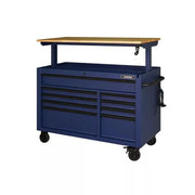 View Heavy-Duty 52 in. 9-Drawer Mobile Workbench with Adjustable-Height Solid Wood Top in Matte Blue image 4
