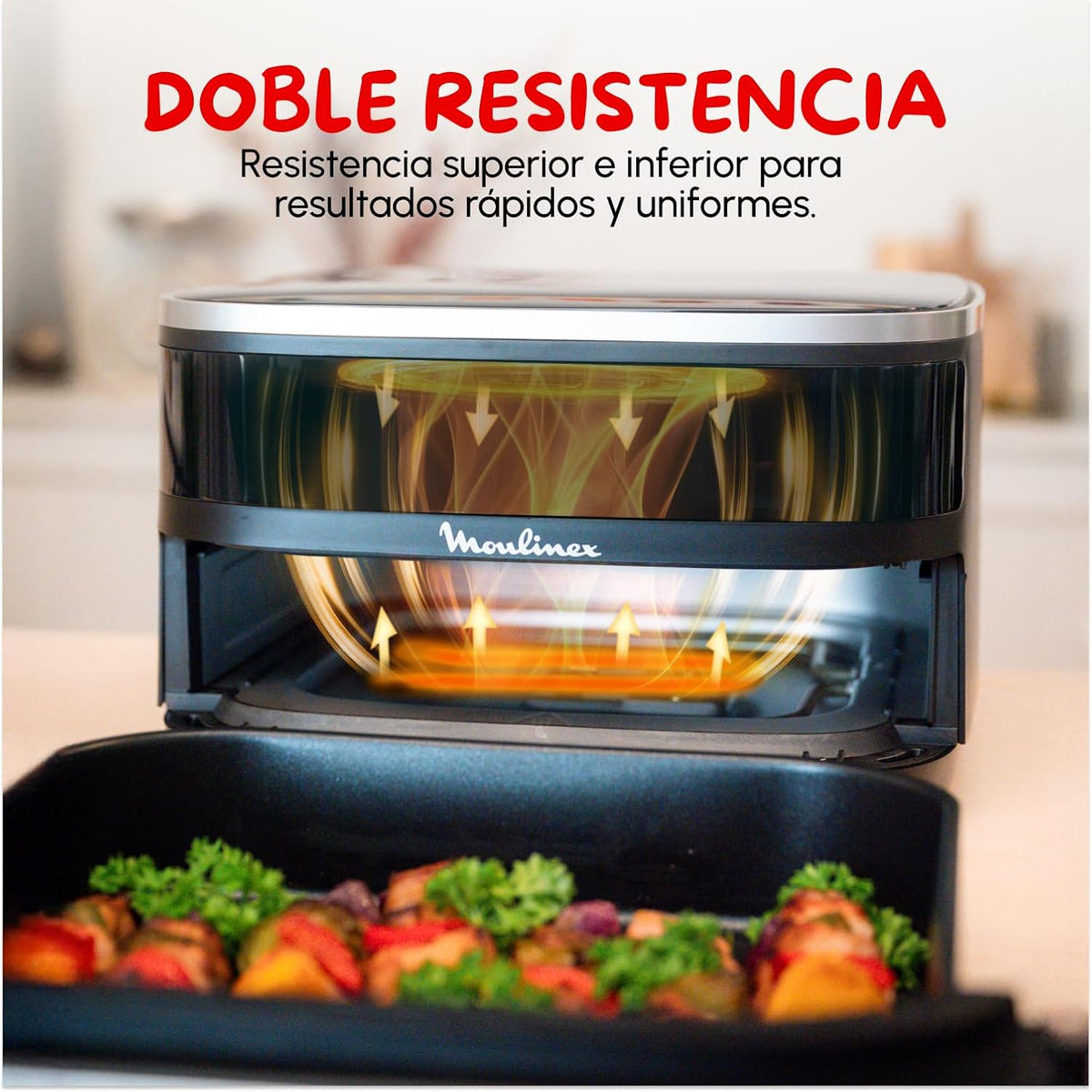 Moulinex Freidora de Aire Easy Fry XL Surface, 2200 W, Doble Resistencia, Cocción Uniforme, Cesta Ancha, 10 Programas Automáticos, Horno para Pizzas,