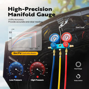 View 110V 1/4 HP 3.5CFM Single Stage Rotary Vane Air Vacuum Pump and AC Manifold Gauge Set Kit with Thermometer for R134a R12 R22 R502 R410a HVAC Air Conditioning Refrigeration Recharging Red image 4