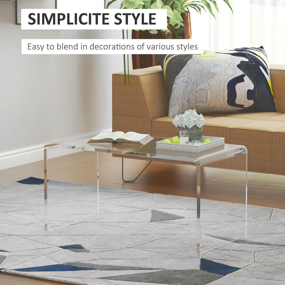 32" Clear Acrylic Waterfall Coffee Table, 20mm Thick Rectangle Modern Transparent Table for Living Room