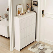 View Narrow white artificial wooden shoe cabinet with door, modern entrance shoe rack, standalone hidden shoe cabinet image 1