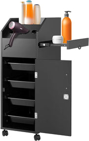 View Hair Salon Trolley Cart Salon Storage Cart Rolling Salon Cart with Wheels Lockable Drawers Hair Dryer Holders Side Tray for Barbershop Tattoos Beauty Hairdresser Station, Black image 1