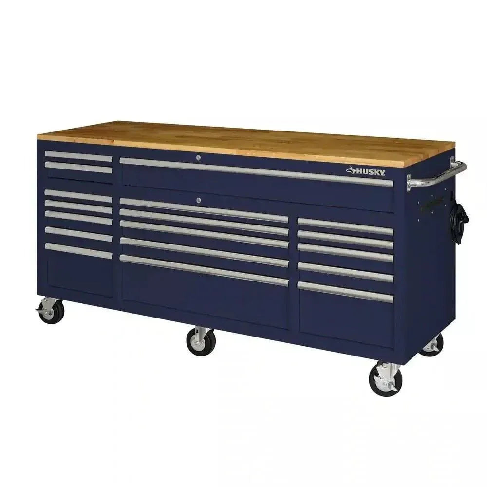 72-Inch 18-Drawer Mobile Workbench with Solid Wood Top, Gloss Blue