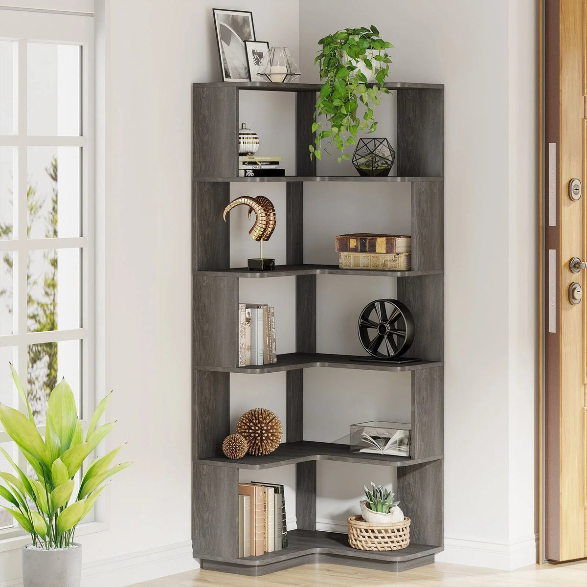 64.9 Inch Tall 6-Tier Corner Bookshelf, Freestanding Wood Industrial Bookcase