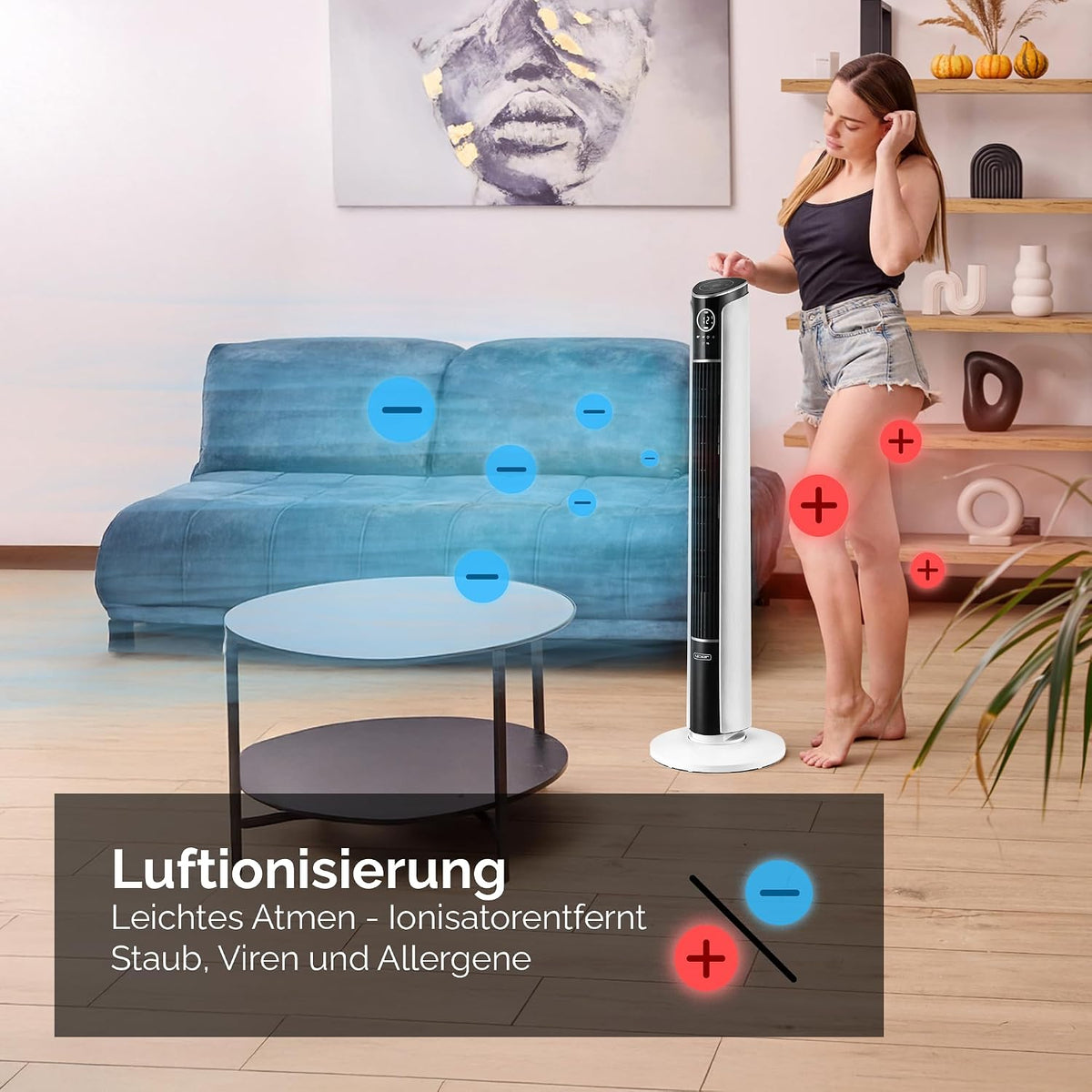 Yoer 29dB Leiser Turmventilator, Ionisator, 10 m Reichweite, Neigungswinkeleinstellung, 12 Geschwindigstufen, 4 Modi, 12 Std. Timer, 90° Oszillation,