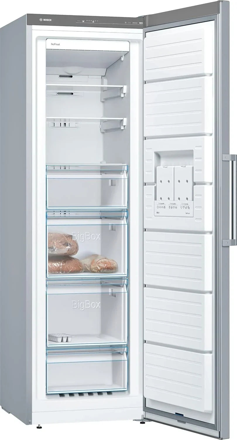 Bosch - Congelador Vertical NoFrost, Serie 4, alto 186 x ancho 60 cm, 242 L, Cajones BigBox para alimentos grandes, Sistema Multiairflow, Acero,