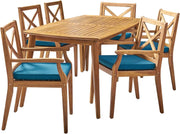 View 7-piece cherry wood dining set, teak surface / blue image 1