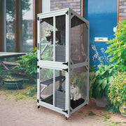 View 62.6-inch wooden outdoor cat house, large cat cage room, equipped with 7 platforms, 2 rest boxes and a rainproof roof, suitable for multiple pets to use. Step-in cat apartment shelter, white model image 3
