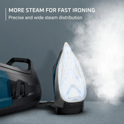 View Professional steam laundry device with stainless steel base plate, 1.1-liter detachable water tank, quick heating, 1800-watt power, blue fabric steam iron image 4