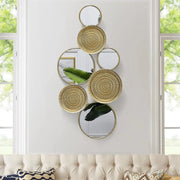 View Home decoration metal wall ornaments, a mirror with multiple circular lenses, large modern wall art sculptures for decoration, suitable for living rooms, offices, and bedrooms. Dimensions: 45.3 x 1.9 x 21.6 inches. Made of gold material. image 3